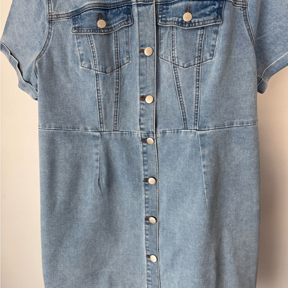 Allegra-K Denim Button-Up XL Dress with Brown Belt 2 Front Pockets Short Sleeve - Picture 5 of 7